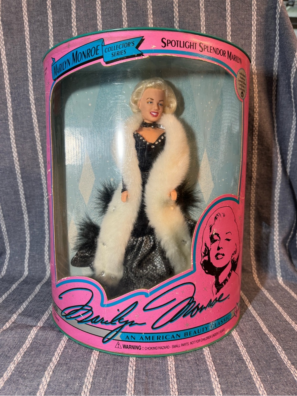 Marilyn Monroe Doll in Black Gown with White Fur Stole and Blonde Hair